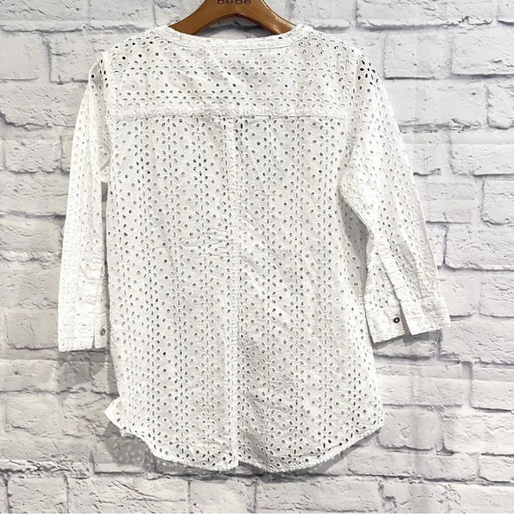 Liz Claiborne White Floral‎ Eyelet Embroidery 3/4 Sleeve White Tunic Top - Picture 2 of 6